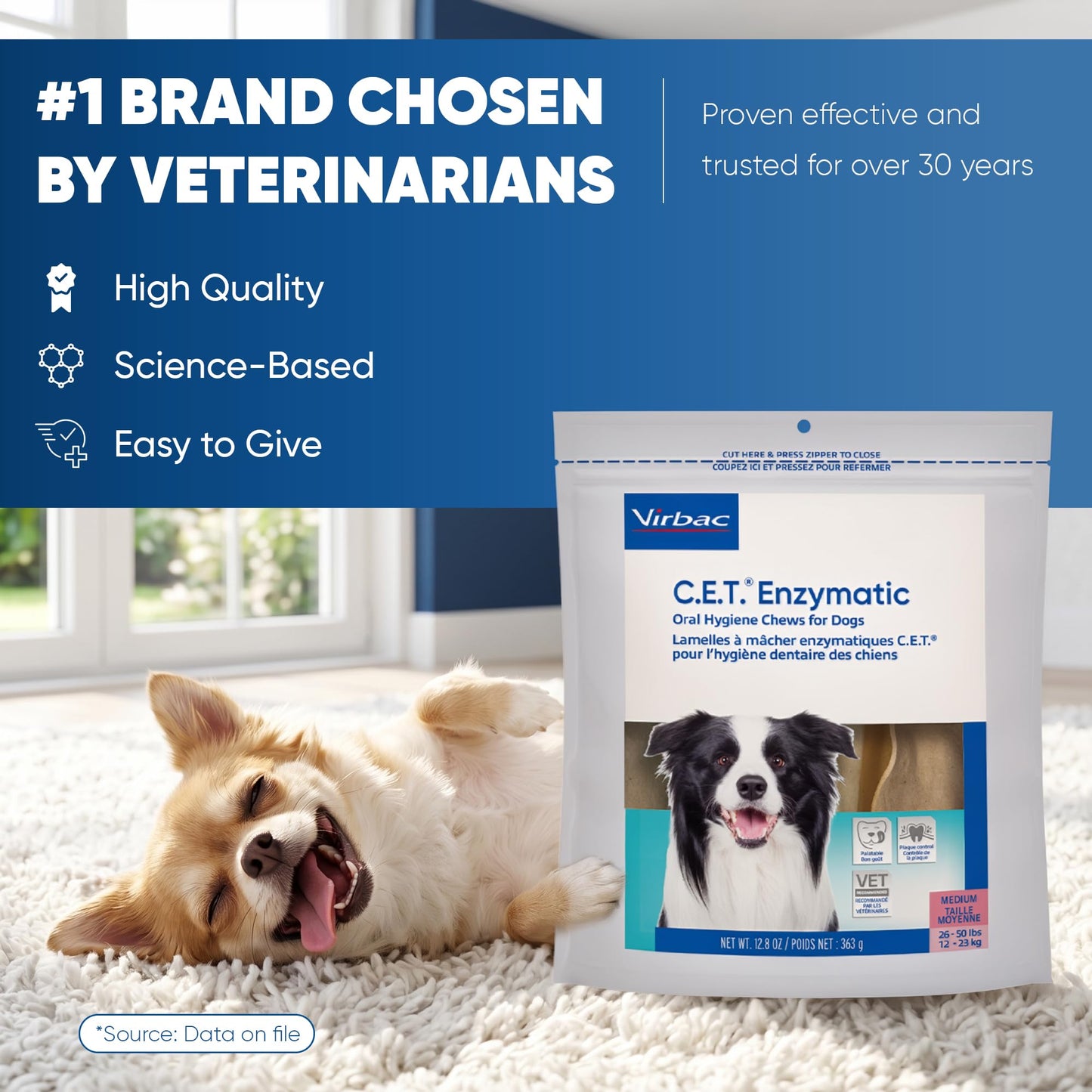 Virbac C.E.T. Enzymatic Oral Hygiene Chews for Dogs. Chosen for real quality, fits naturally into