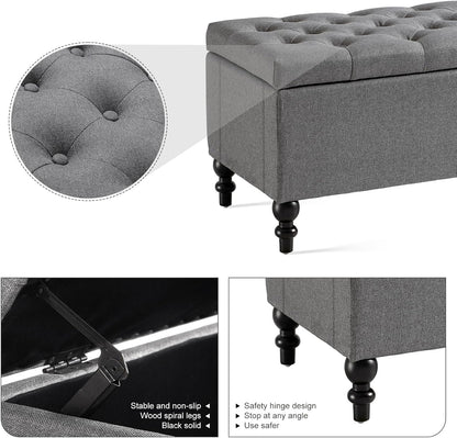 Ottoman with Storage,50.2-inch Upholstered End of Bed Storage Bench for Bedroom,for The Living Room,for Entryway, with Button and Safety Hinges,Detachable (Grey)