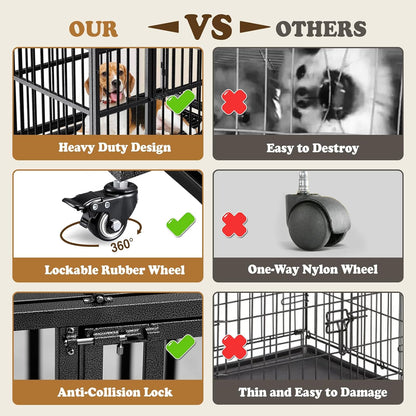 Dog Crate with Removable Tray, 37/42/46 Inch Indestructible and Escape Proof Steel Dog Cage Kennel for High Anxiety Dogs, Heavy Duty Dog Crate with Wheels, Double Door, Extra Large XL XXL