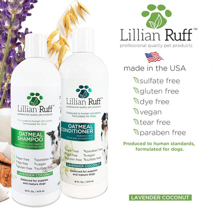 Lillian Ruff Calming Oatmeal Pet Shampoo & Conditioner for Dry Skin & Itch Relief with Aloe & Hydrating Essential Oils - Replenish Moisture & Deodorize - Dog Shampoo & Conditioner for Sensitive Skin