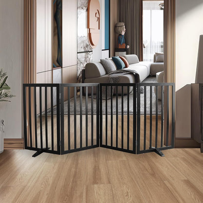 ZJSF Freestanding Indoor Dog Gate for House Foldable Wood Puppy Gate for Doorways Pet Gate for Stairs Extra Wide Pet Fence, Black, 32" Height 4 Panels