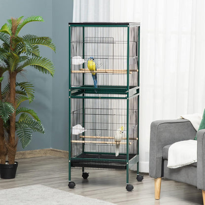 PawHut Large Bird Cage with 1.7 ft. Width for Wingspan, Bird Aviary Indoor with Multi-Door Design, Fit for a Canary, Finch, Conure, 55", Green