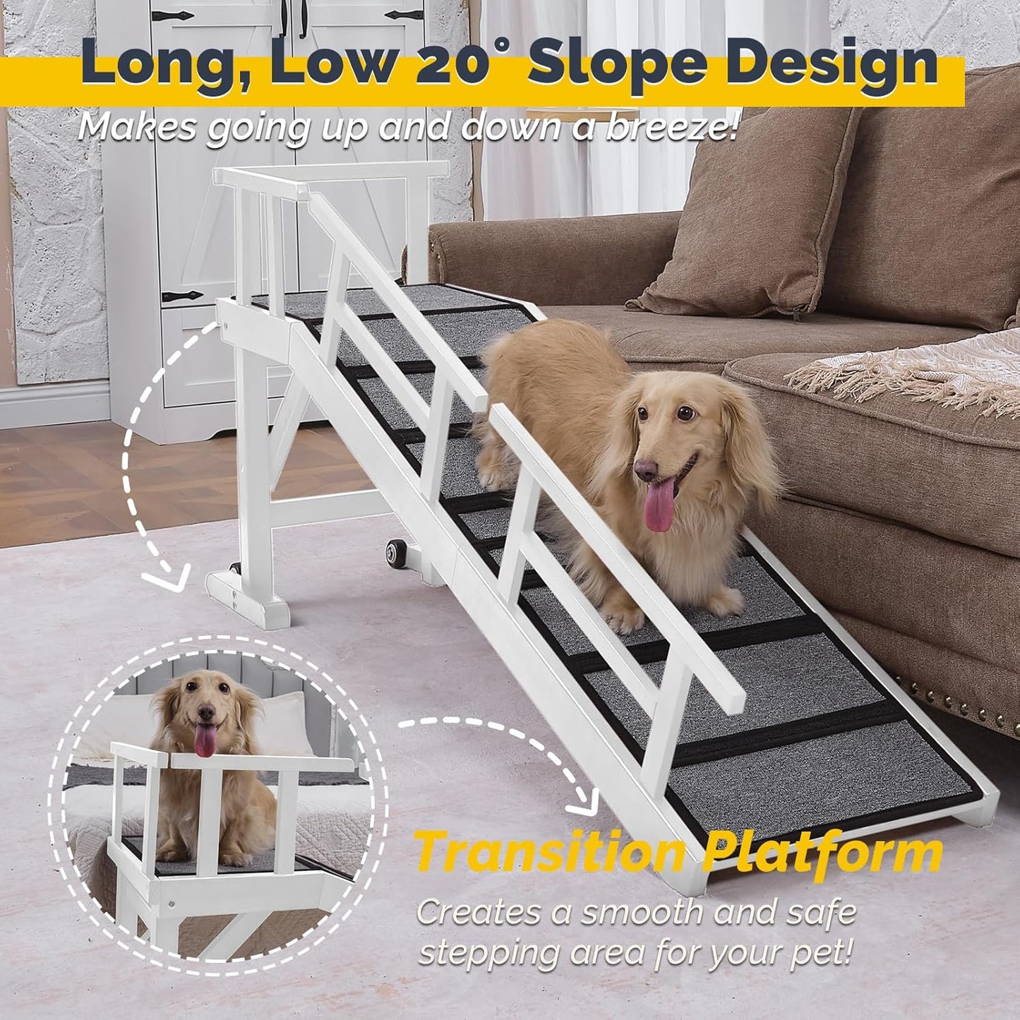 Dog Ramp for Bed or Couch, Wooden Pet Ramp with 20° Gentle Slope, Removable Side Rails, Non-Slip Surface, Top Platform & Wheels, Safe Bed Ramp for Small, Medium & Senior Dogs, 60" Long, White