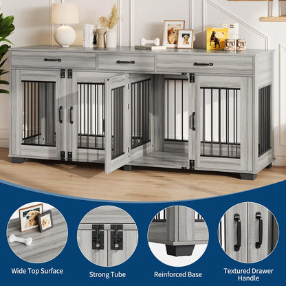 71 Inch Dog Crate Furniture for 2 Rooms, Wooden Double Crate Large Breed with Door, Dog Kennel Indoor, TV Stand End Table with Divider for Large Medium Dogs,Grey