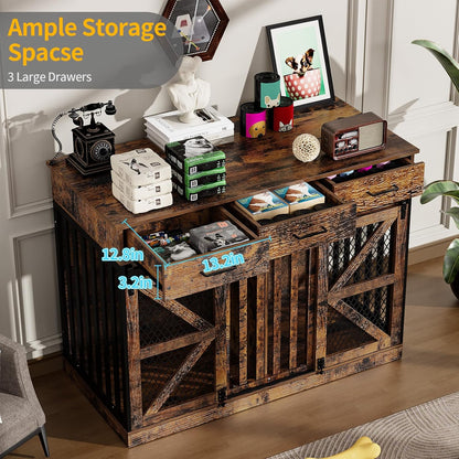 48'' Dog Crate Furniture with Removable Divider & Storage Drawers, Wooden Double Dog Cage TV Stand with 2 Sliding Barn Doors, Multi-Functional Dog Crate End Table for Indoor use (Retro Brown)