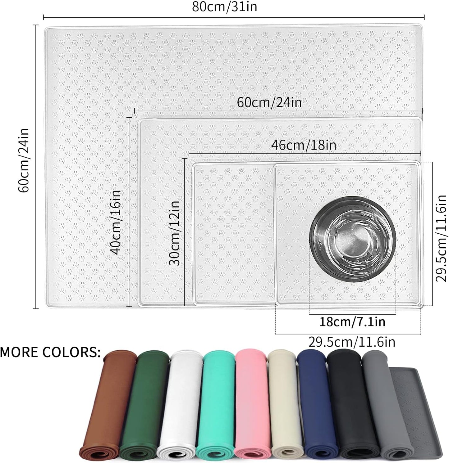 Ptlom Pet Placemat for Dog and Cat, Waterproof Silicone Pet Feeding Bowl Mats for Food and Water, Small Medium Large Dogs Mat Prevent Residues from Spilling to Floor, White, 18" 12"