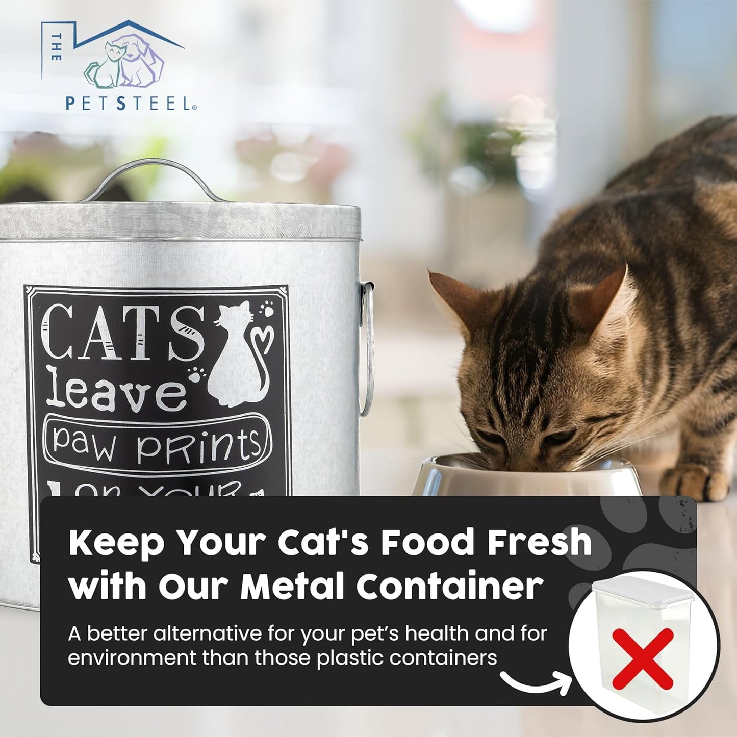 Silver 20lb Cat Food Storage with Scoop | Pet Container for food that can fit in the pantry | Modern Beautiful Cat Pet Food Storage Container