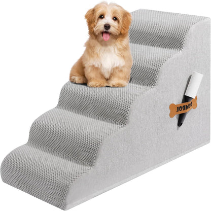 Dog Stairs, Romrol Dog Steps Ramp for High Bed and Couch, Dogs Ramp with Durable Non-Slip Waterproof Fabric Cover, Pet Stairs for Small Dogs and Cats or Pets Joints, 4-TiersLight Grey