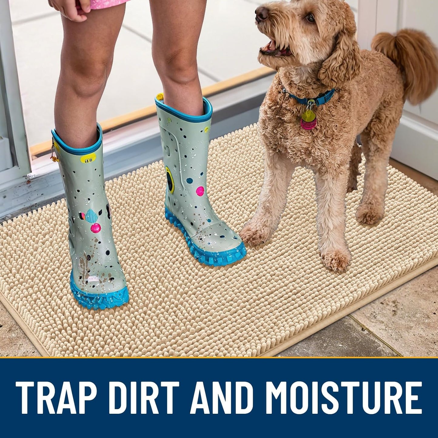 Smiry Dog Door Mat for Muddy Paws 59x32, Absorbs Moisture and Dirt Doormat, Non-Slip Washable Quick Dry Chenille Front Door Mat Indoor Entrance, Entryway Carpet for Inside Floor, Beige