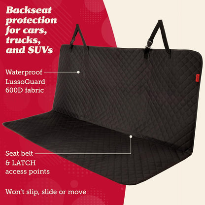 Lusso Gear Dog Car Seat Cover - Non-Slip Waterproof Back Bench Protector for SUV, Car, Truck - Basic Edition Black for Dogs - Camping Gear - Back Seat Covers for SUV
