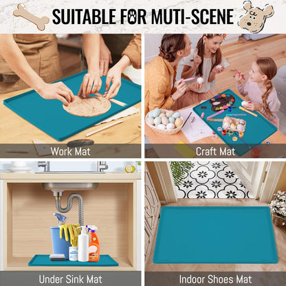 MateeyLife Dog & Cat Food Mat, Waterproof & Nonslip Silicone Feeding Mats for Dogs and Cats, Raised Edge Tray for Messy Drinkers, 24"x16", Teal