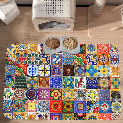 Bohemian Chic Floral Dog Food Mat Absorbent Bowl Mats No Stains Quick Dry Waterproof Pet Cat Placemats for Food and Water, 30x45cm