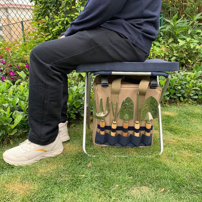 Garden Folding Gardener Stool with Gardening Tools Insulation Garden Bags Plus 5 Garden Tools and Gardening Kneeler Ideal Gift for Mother's Day/Father's Day (Navy Blue)