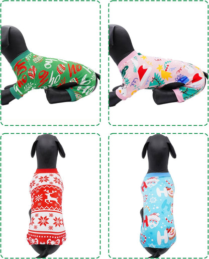 PET SHOW 4 Pack Small Dog Christmas Pajamas Holiday Dog Clothes for Medium Dogs Girl Boy Soft Stretchy PJs Xmas Jumpsuit Puppy Cats Onesies Red Green Outfits with Sleeve Pets Dachshund Costume L