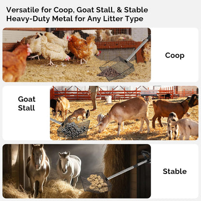 15" Extra-Wide Chicken Poop Scooper – Ergonomic Adjustable Handle (24-70in), Stainless Steel Sifting Shovel Deep Litter Cleaning for Chicken Coops, Goat - Chicken Coop Scoop for Sand, Straw, Hemp