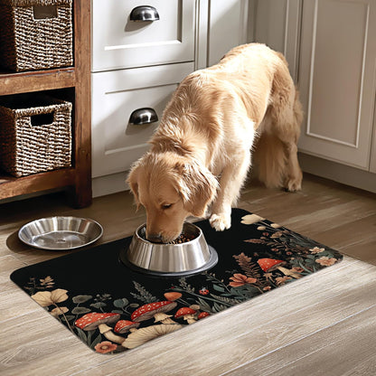 Vintage Mushroom Flower Pet Cat Dog Food Mat-Absorbent Quick Dry Feeding Placemat for Water and Food, No Stains Rubber Base Mat for Indoor Use, Pet Accessories 16"x24"