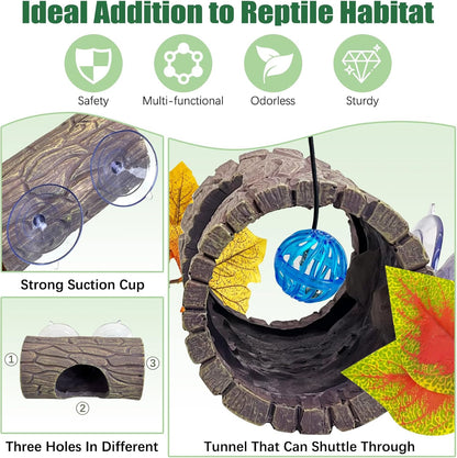 Hamiledyi Reptile Hide Cave Resin Hollow Log Hideout with 2pcs Powerful Suction Cup, Plastic Plant Leaves Ornament Snake Hide Hermit Crab Climbing Toys for Gecko Lizard Hermit Crabs Frogs