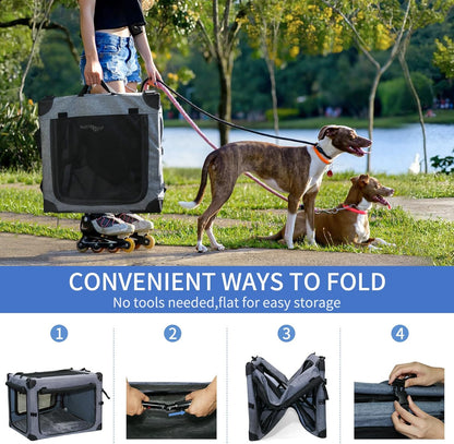 NEZUC Soft Collapsible Dog Crate - 24 Inch Portable Soft Sided Travel Dog Crates for Small Dogs, 4-Door Foldable Dog Carrier, Pet Kennel Indoor & Outdoor (Gray, 24.0" L x 17.0" W x 17.0" H)