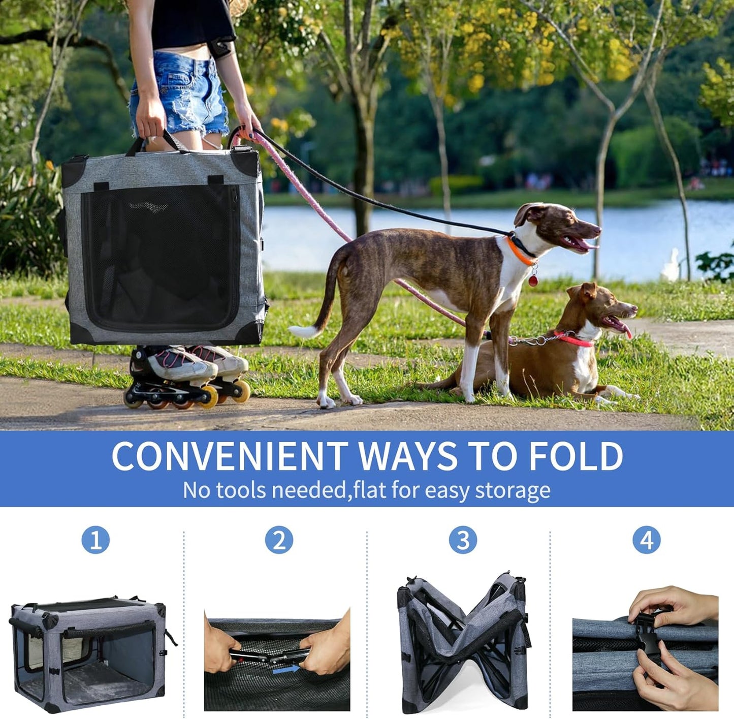 NEZUC Soft Collapsible Dog Crate - 36 Inch Portable Soft Sided Travel Dog Crates for Large Dogs, 4-Door Foldable Dog Carrier, Pet Kennel Indoor & Outdoor (Gray, 36.0" L x 22.0" W x 22.0" H)