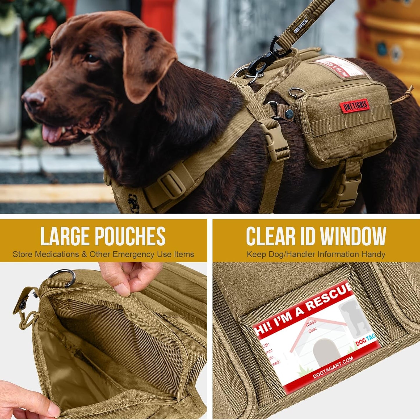 OneTigris Service Dog Vest Harness, Service Dog Cape Guardian Dog Backpack Harness with Pouches Dog Saddle Bag for Small Medium and Large Dogs (Brown, M)