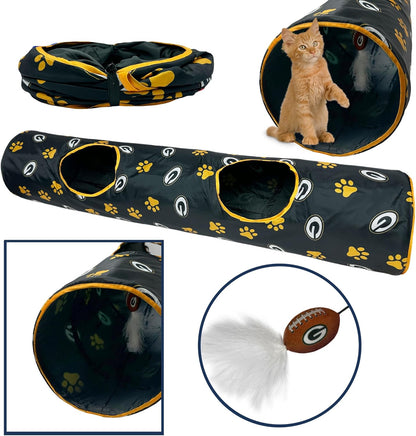 NFL Green Bay Packers Cat Tunnel Tube Toy with Plush Football Catnip and Feathers Collapsible Tunnel for Cats to Play, Peek and Hide, Sporty & Fun Cat Tunnel Toy with Team Logo All-Over Design!