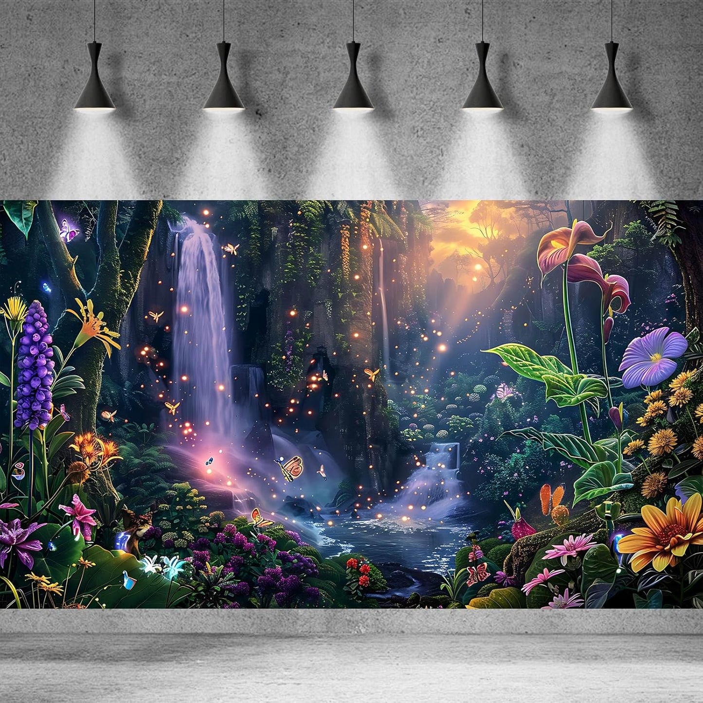 Fantasy Garden Aquarium Background Sunset Waterfall and Flowers Terrarium Backdrop Tropical Forest Lush Plant Magic Butterfly Lights Flowers Fish Tank Background Poster Decorations 24x16in