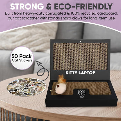 Toy Cat Laptop with 2 Scratchboards + Catnip Mouse Toy for Cats + 50pack Cat Sticker - Interactive Eco-Friendly Cat Computer with Scratch Pad Laptop for Cats - Mini Cat Laptop