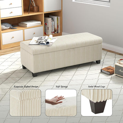 48" Ottoman with Storage, Corduroy Storage Ottoman Bench for Bedroom, End of Bed Bench with Safety Hinge for Living Room, Bedroom, Entryway, White
