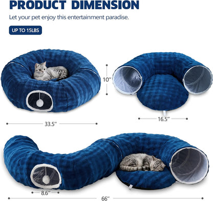 Bubble Cat Tunnel for Indoor Cats, Round Peekaboo Cave Toy with Dangling Balls, Donut Tunnel Bed with Circle Mat for Puppy Kitten Rabbit, Navy Blue