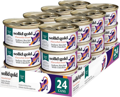Solid Gold Wet Cat Food Pate for Indoor Cats - Healthy Canned Cat Food Pate w/Real Chicken, Omega Fatty Acids, Vitamins & Minerals - Grain Free & Gluten Free Can Meals for Cats & Kittens - 24ct/3oz