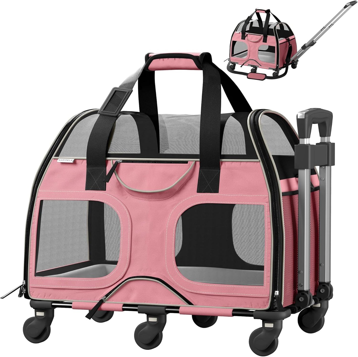 Katziela Pet Carrier - Airline Compliant Dog Carrier - TSA Approved Pet Carrier for Small Dogs and Cats - Soft FAA Travel Airplane Dog Carrier Luggage (Pink/White-6 Wheels)