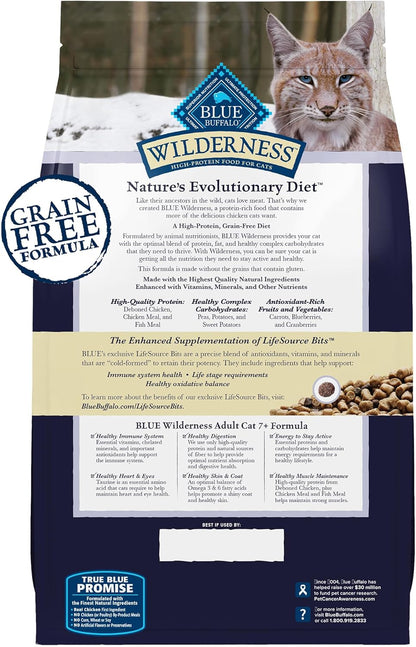 Blue Buffalo Wilderness Natural Mature Dry Cat Food for Cats 7+ Years, High-Protein and Grain-Free Diet, Supports Immune System Health and Energy to Stay Active, Chicken, 5-lb. Bag