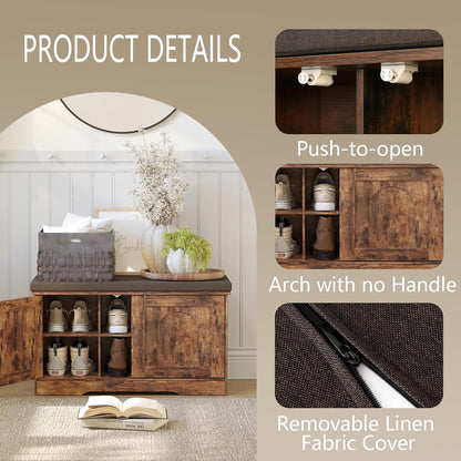 DINZI LVJ Shoe Bench, Entryway Storage Bench with Doors, Cushion, 2-Tier Shoe Rack with 6-Cubby, 31.5”L x 13.8”W Shoe Organizer Cabinet, Adjustable Shelf, Living Room, Bedroom, Rustic Brown