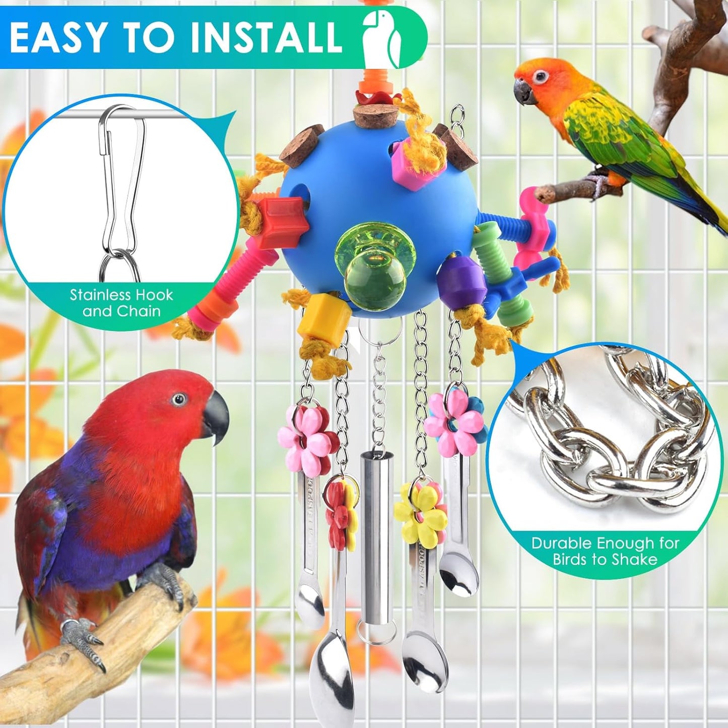 KATUMO Bird Toys, Parrot Pull Spoons Colorful Acrylic Stick Toys Bird Chew Toys for Amazon Parrot, African Grey, Conure, Caique, Quaker, Small Cockatoo, Mini Macaw, Eclectus and Similar Birds
