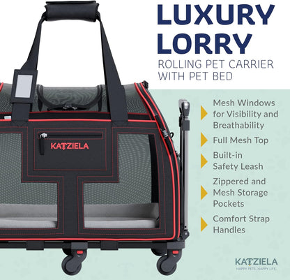 Airline Compliant Pet Carrier - Rolling Portable Travel Carry Crate for Small Dog Puppy or Cat - Soft Removable Wheeled Design with Mesh Window Sides - Airplane and TSA Compliant- by Katziela