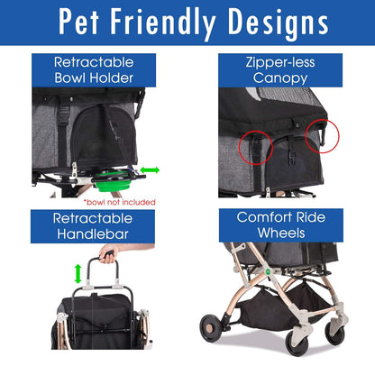 Lite Premium Light-Weight Dog/Cat/Pet Stroller Travel Carriage with Convertible Compartment/Zipper-Less Entry/1-Hand Quick Fold/Aluminum Frame for Small & Medium Pets (Black 2nd-Gen.)