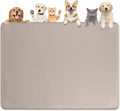 Dog Food Mat, Extra Large 50" x 35" Silicone Pet Feeding Mat with Raised Edge Pet Placemat for Small, Medium, and Large Pets Non-Slip, Easy to Clean (Khaki)