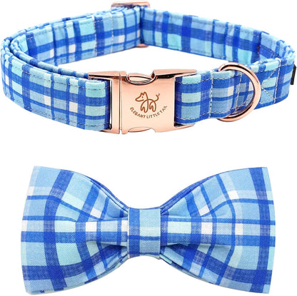 Elegant little tail Dog Collar with Bow - Blue Plaid Boy Dog Collar Cute Bowtie Pet Collar Adjustable Dog Collar for Large Dog