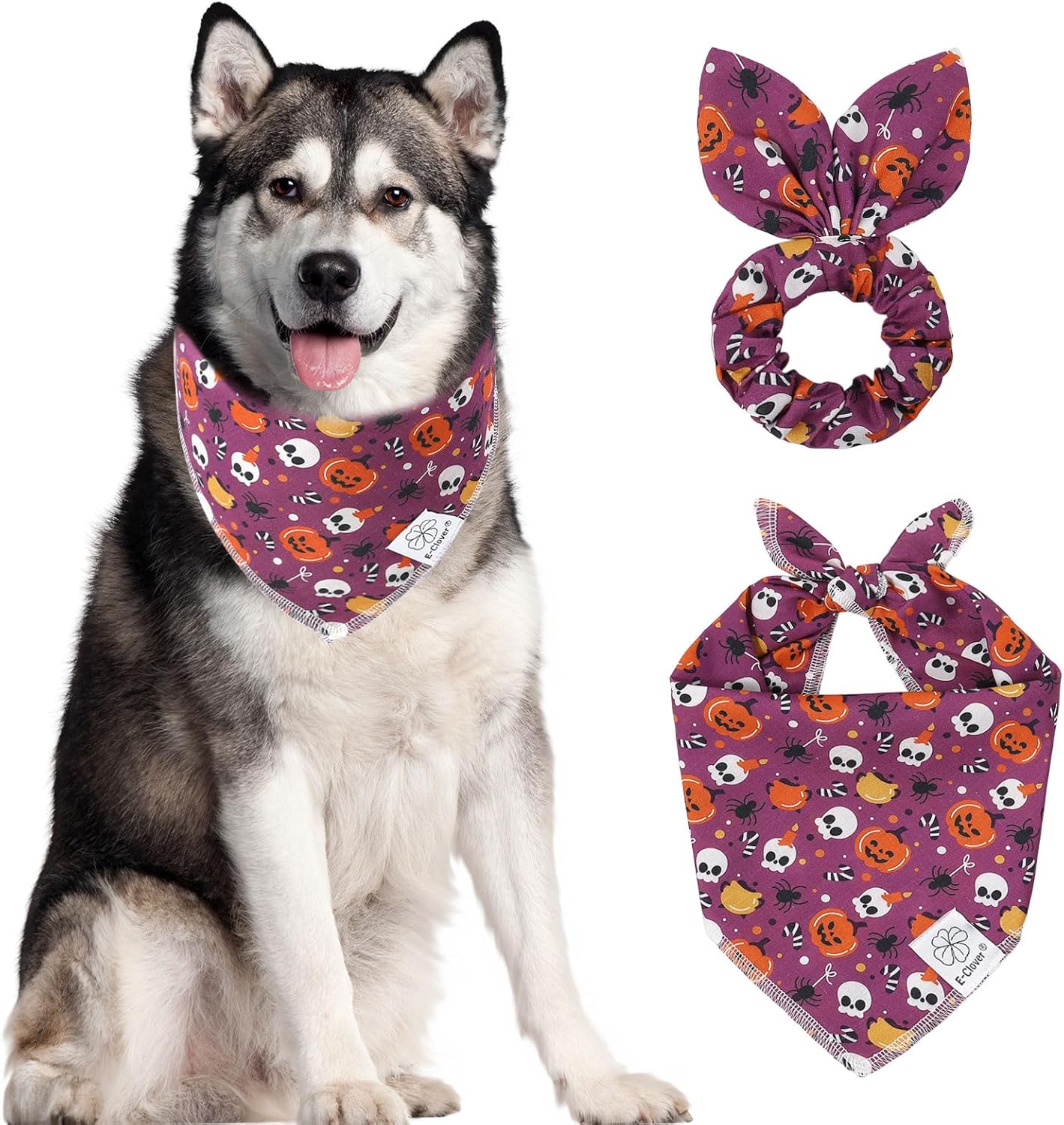E-Clover Halloween Dog Bandanas & Matching Scrunchie Set Girl Cute Pumpkin Dog Scarf Bibs Pet Bandana with Bow Tie for Medium Large Dogs Owner Mom Purple Orange