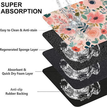 Boho Floral Pet Feeding Mat for Floors-Absorbent Dog Bowl Mat for Food and Water, Quick Dry Pet Cat Feeding Mats with Non Slip Bottom, Mess-Free Dog Accessories 16"x24"