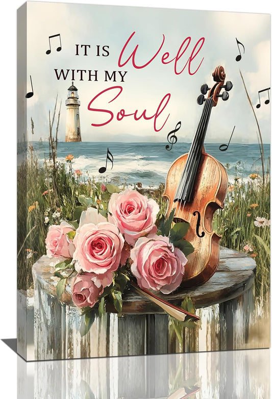 Violin Pictures Wall Art, Music Rustic Country Inspirational Bathroom Wall Decor, Coastal