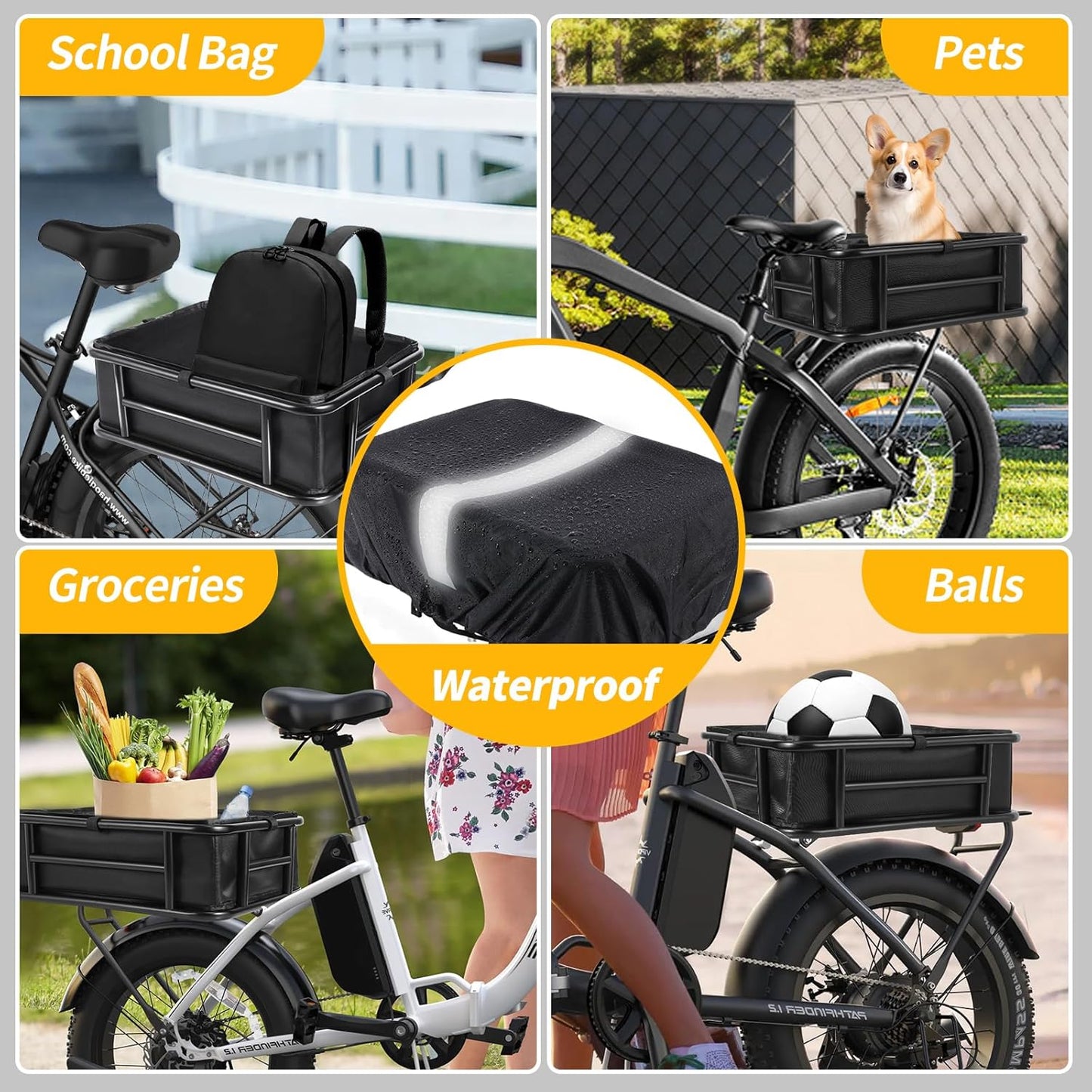 Bike Basket Rear with Liner,Waterproof Cover,Cargo Net Large Rear Bike Basket,Heavy Duty Bicycle Rear Basket for Electric Bike, Ebike,Great for Bike Trip,Carrying Grocery,Ball,Dog