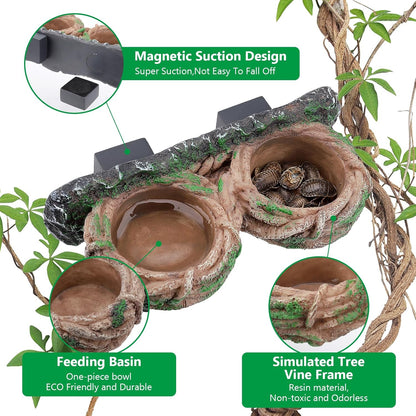 Magnetic Reptile Feeding Ledge, Gecko Feeder Ledge with One Piece Cup, Hollow Vine Food Dish, Reptile Water Bowl for Bearded Dragon Lizard Snake