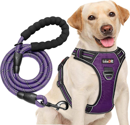No Pull Dog Harness Adjustable Reflective Oxford Easy Control Medium Large Dog Harness with A Free Heavy Duty 5ft Dog Leash (XL (Neck: 21.5"-33", Chest: 30"-39.5"), Purple Harness+Leash)
