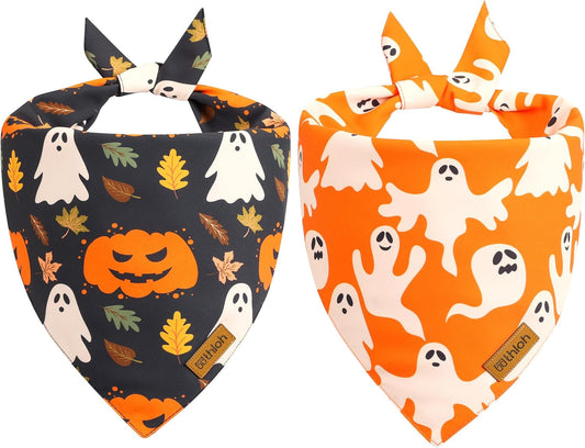 Halloween Dog Bandanas - 2 Pack Fall Dog Bibs | Reversible Pumpkin and Ghost Pet Scarf for Boys and Girls | Premium Durable Fabric | Orange Dog Bandana for Small and Medium Dogs (Small)