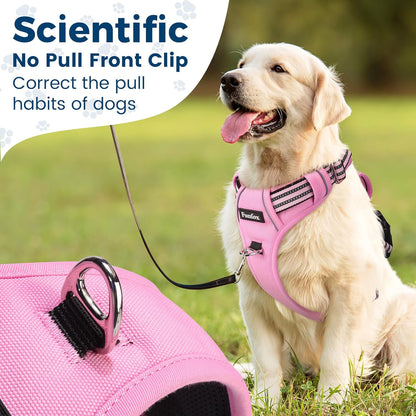 Funfox Dog Harness No Pull, Adjustable Pet Vest Harness, Super Soft Material with Vertical Handle Easy Control, Reflective Night Walking, 2 Leash Clips for Large Dogs, Pink, L
