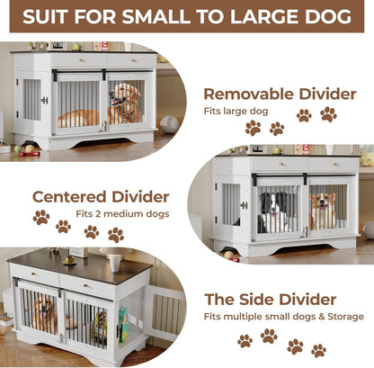 Dog Furniture Crate, 47" Large Dog Crate Furniture w/ 2 Storage Draws & Removable Divider for Large/Medium/Small Dogs (White, One Cage)