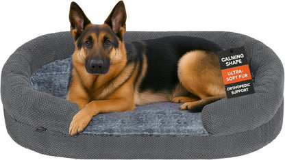 Orthopedic Dog Bed for Extra Large Dogs, Extra-Thick 3.6" Foam Fluffy Fur Sofa with Comfortable Sides, Soft and Big Dog Couch Bed with Washable Removable Cover and Non-Slip Oval Bottom, Grey