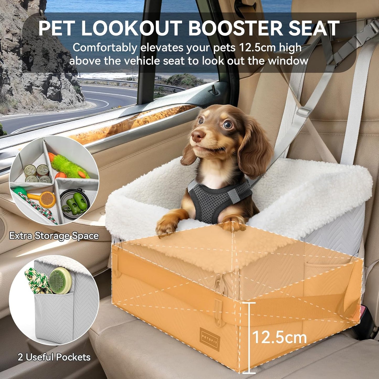 PETSFIT Small Dog Car Seat, Waterproof PU Leather Dog Booster Car Seat with Patented Safe Buckles, Pet Carseat for Medium or Small Sized Pets up to 30 lbs (Grey)
