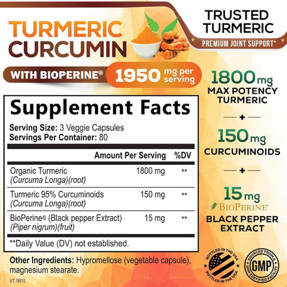 Turmeric Curcumin Supplement 1950mg - 95% Curcuminoids with Organic Turmeric & BioPerine Black Pepper Extract for Best Absorption, Nature's Vegan Joint Support, Non-GMO, Bottled in USA - 240 Capsules